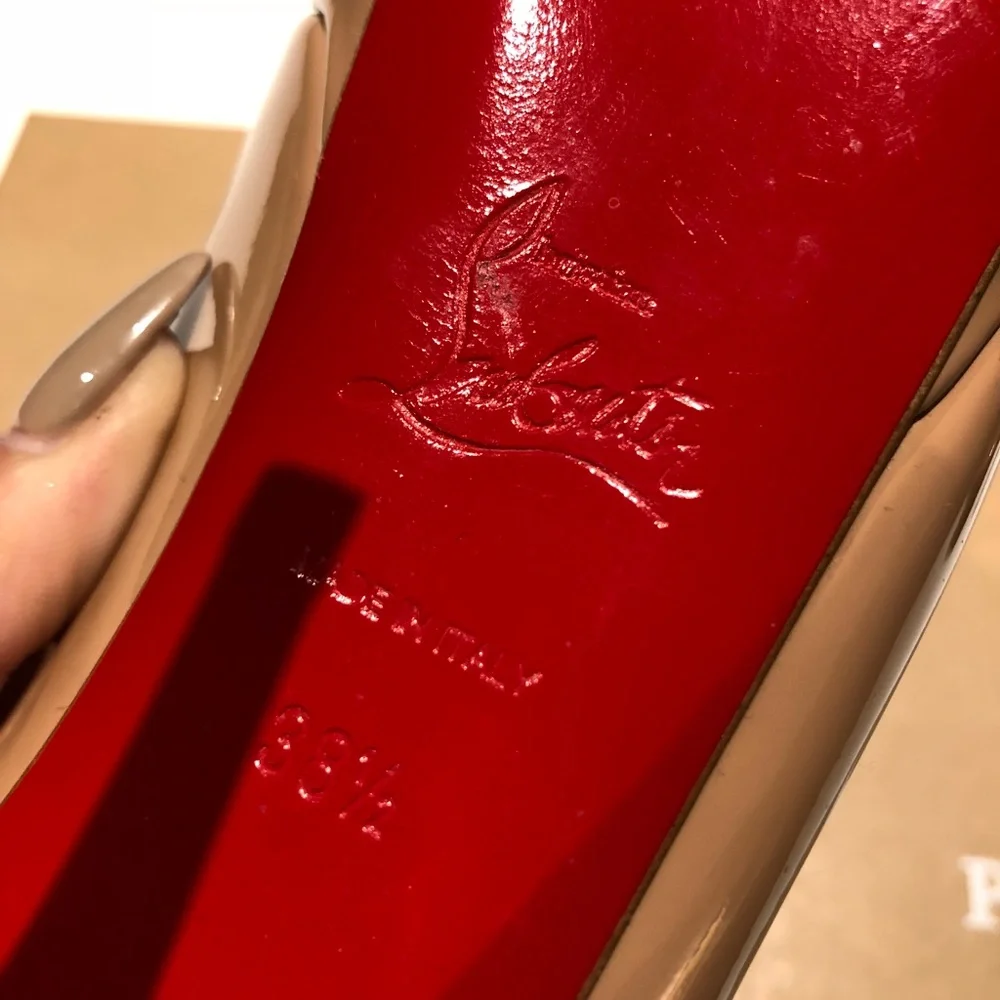 Christian Louboutin Nude Patent Leather Platform Peep-Toe Pumps with Red Sole